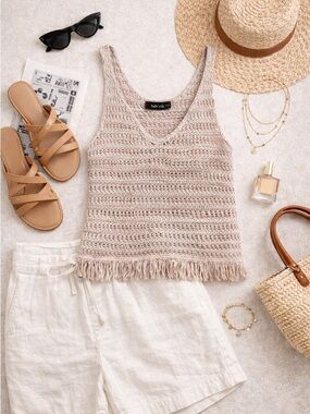 Boho Crochet Knit Tank Fringe Hem Neutral Festival Cottagecore Top S/M